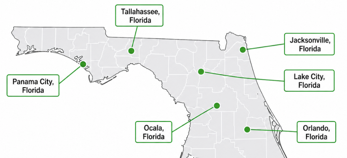 Map of Florida with labeled city locations and green dots connected by dashed lines.