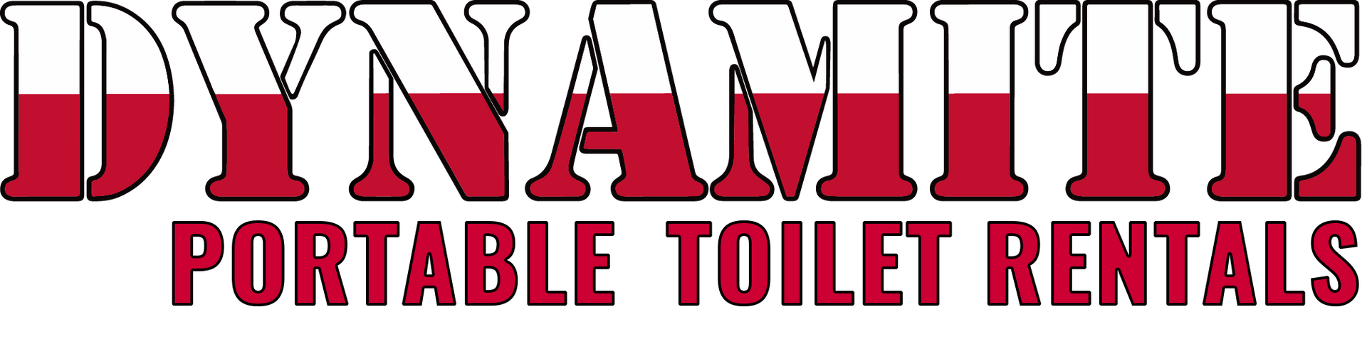 A red and white logo for dynamite portable toilet rentals