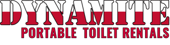 A red and white logo for dynamite portable toilet rentals
