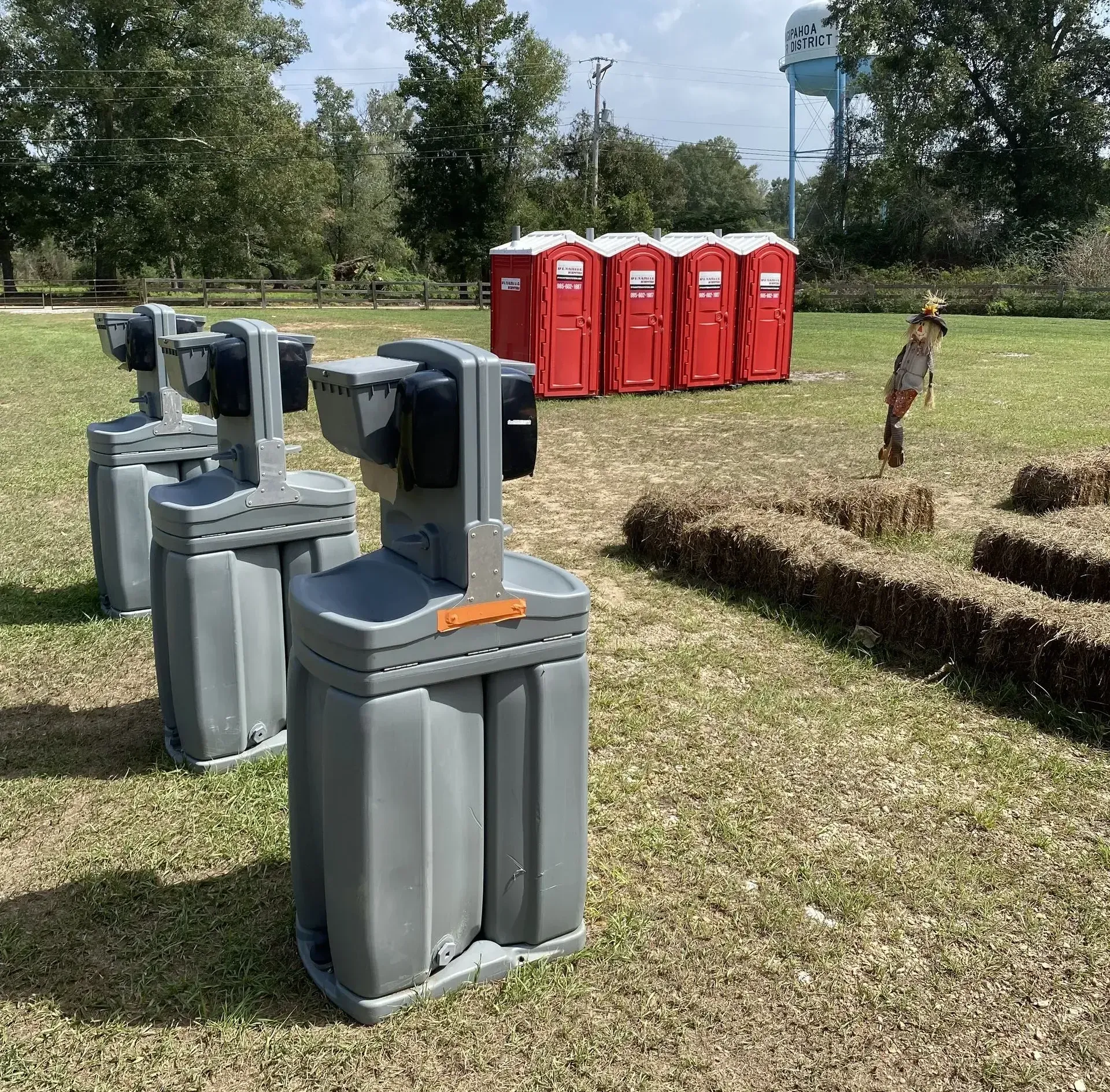 A row of portable toilets are lined up in a grassy field