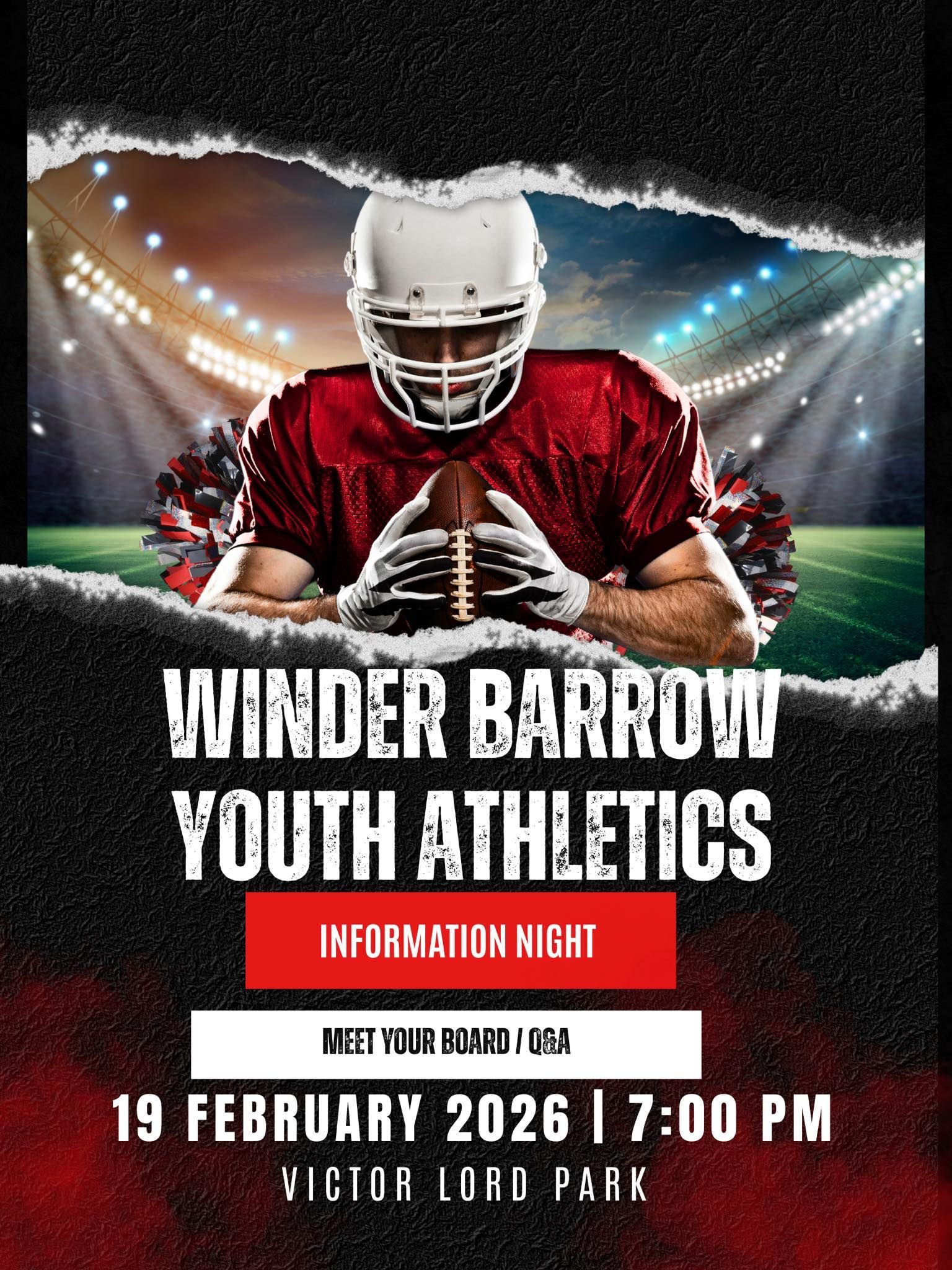Football player on field, flyer for Winder Barrow Youth Athletics information night. Red, white, black. 