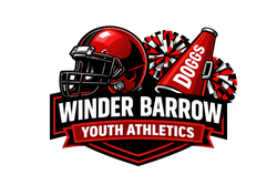 Winder Barrow Youth Athletics logo: red football helmet, cheer pom-poms, megaphone, and text on a shield.