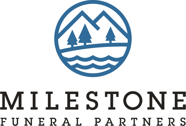 Milestone Funeral Partners logo: blue circular icon with mountains, trees, and water; text 