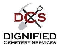 Logo for Dignified Cemetery Services: DCS in maroon, crossed shovel and pickaxe, black text below.