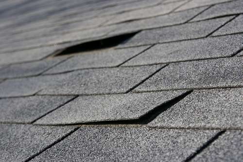 Damaged asphalt roof shingles with visible gaps and lifted edges