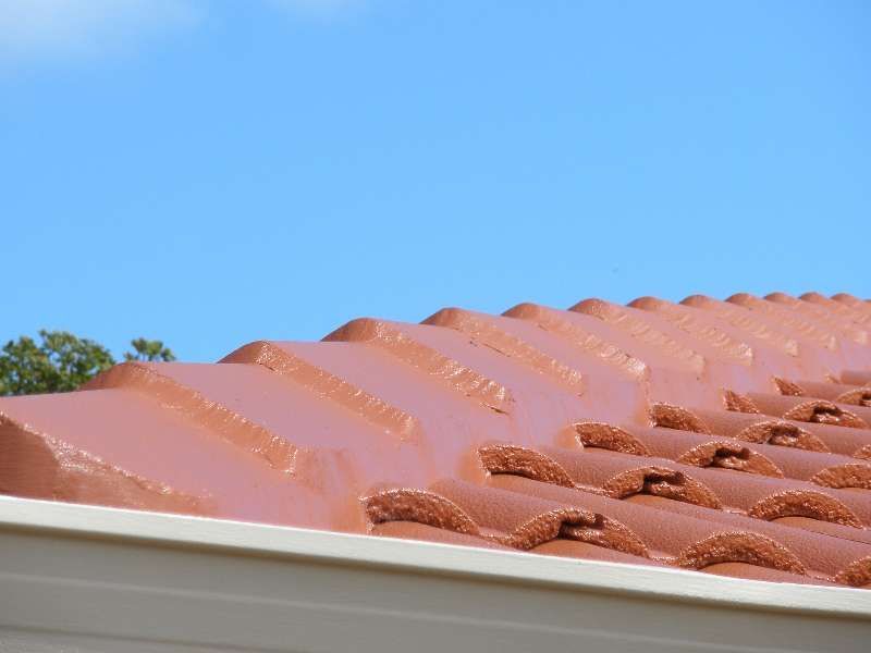Terracotta roof tiles against a clear blue sky, with a white roof edge in the foreground