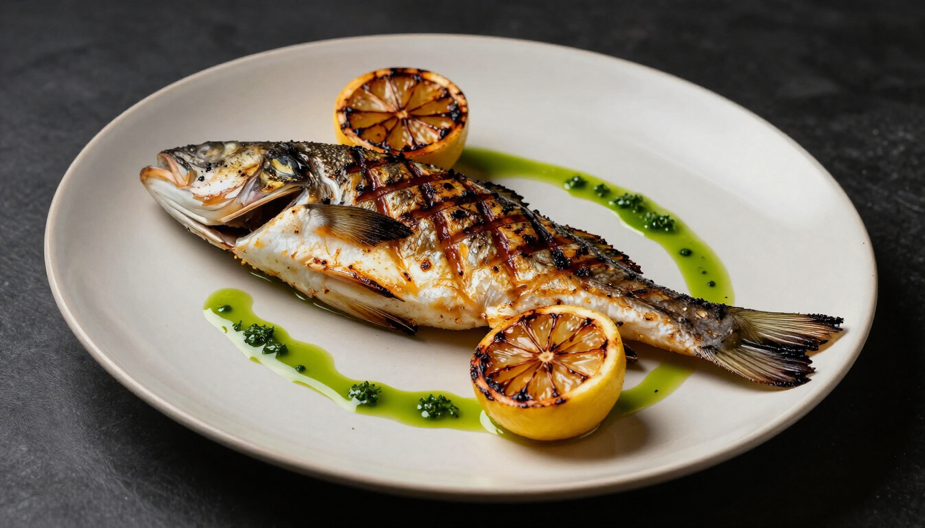 Grilled sea bass with charred lemon and herb oil