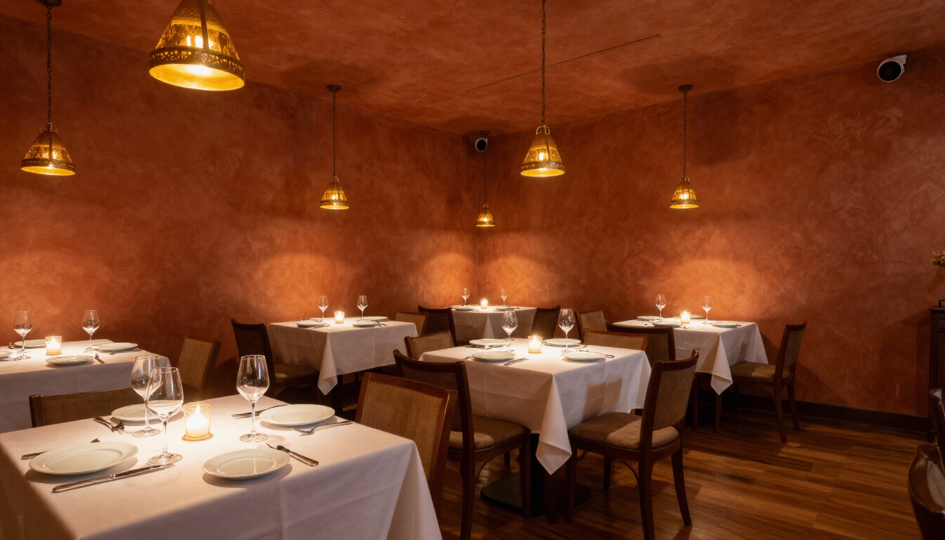 Main dining room with terracotta walls and golden lighting