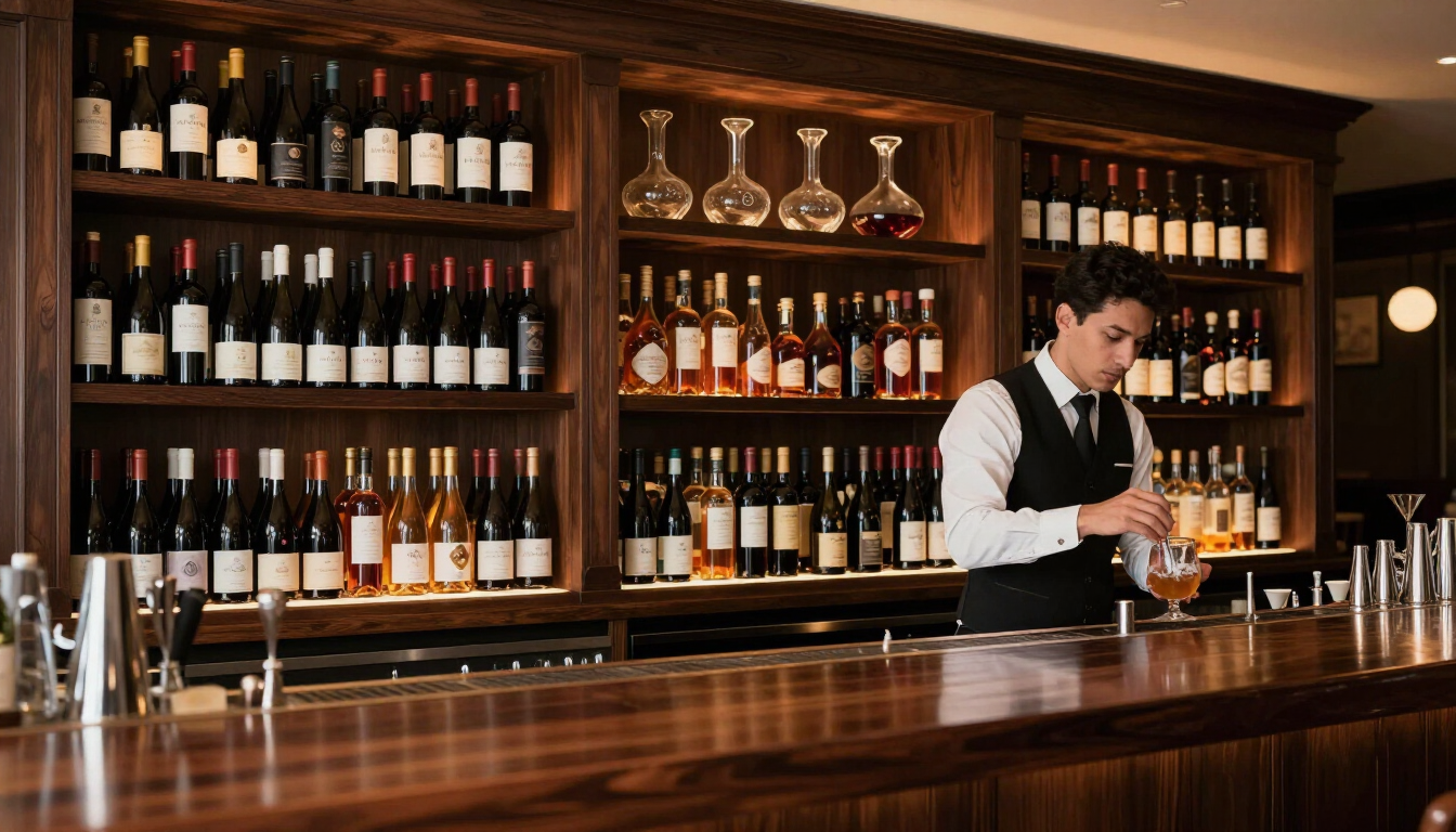 Bar area with Spanish wine bottles and spirits