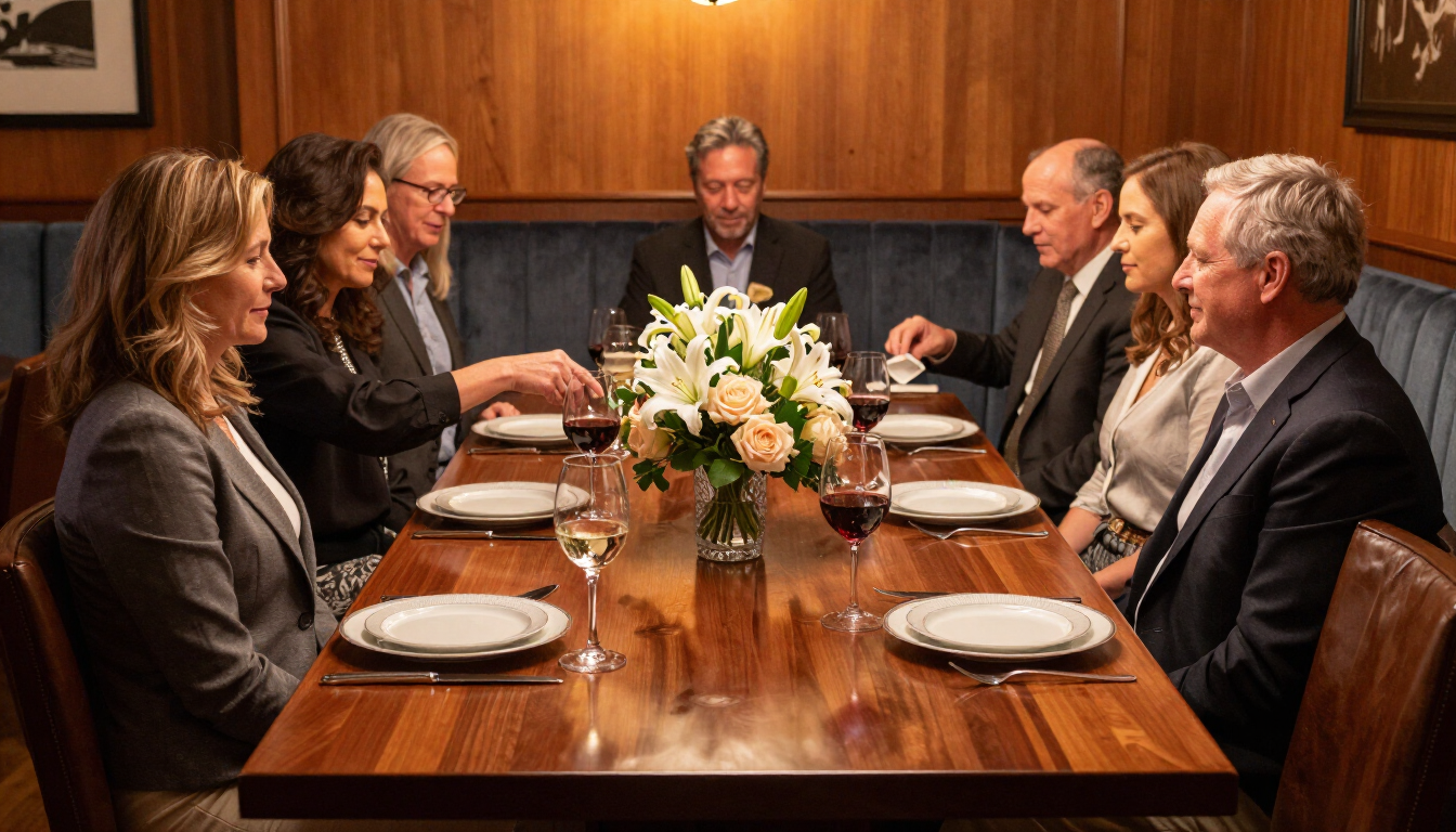 Private dining table set for eight with floral centerpiece