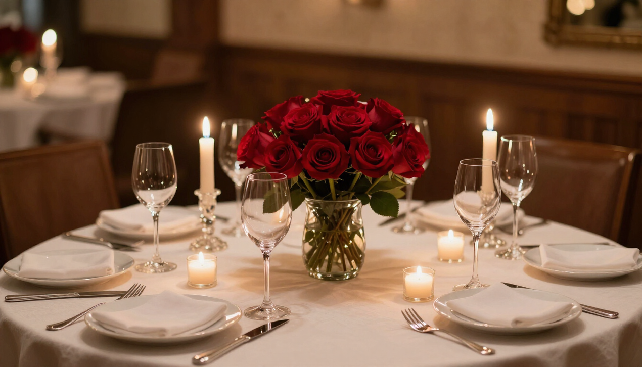 Elegantly set private dining table with candlelight and roses