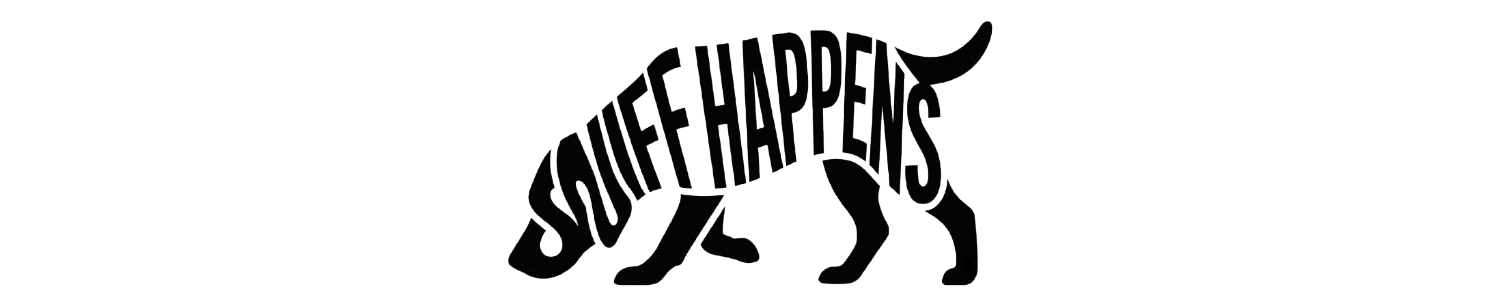 Black silhouette dog with the words "Sniff Happens" within its body.