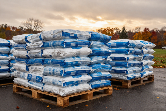 Pallets of bagged ice melt and winter products at a Michigan supply yard