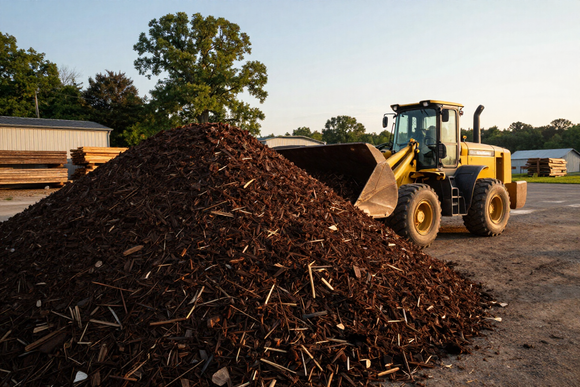 Bulk hardwood mulch pile at the Global Landscape Center yard