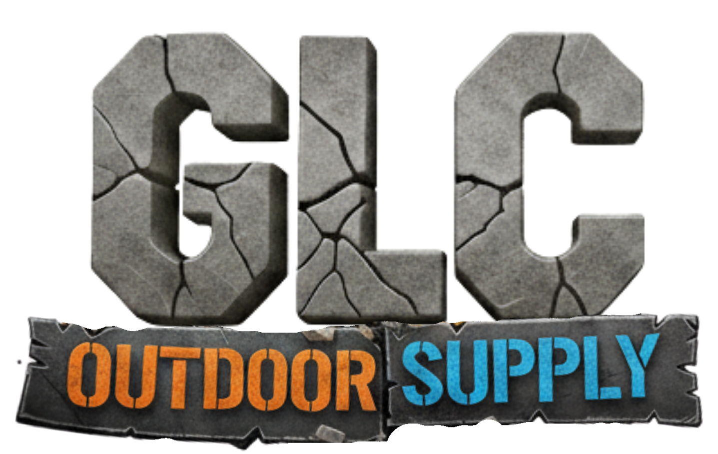 GLC Outdoor Supply logo with gray stone letters and orange and blue text on a black banner