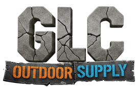 GLC Outdoor Supply logo with gray stone letters and orange and blue text on a black banner