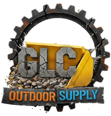 GLC Outdoor Supply logo with black gear, yellow and gray lettering, and cracked stone base