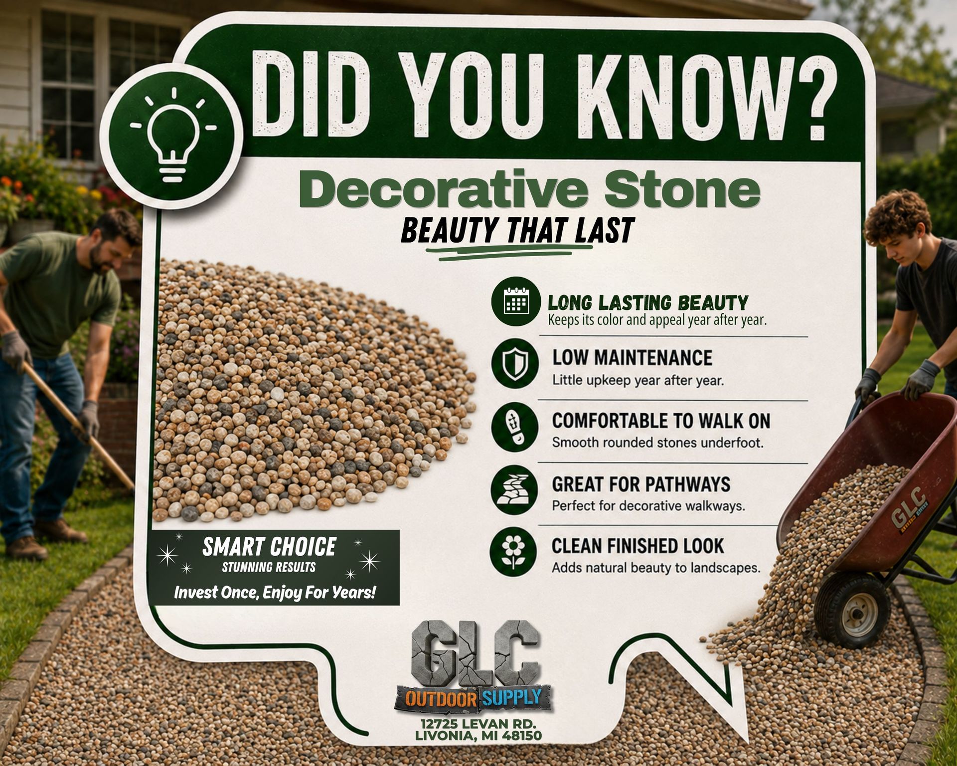 Decorative stone product sign with beige gravel, listing benefits beside a wheelbarrow display.