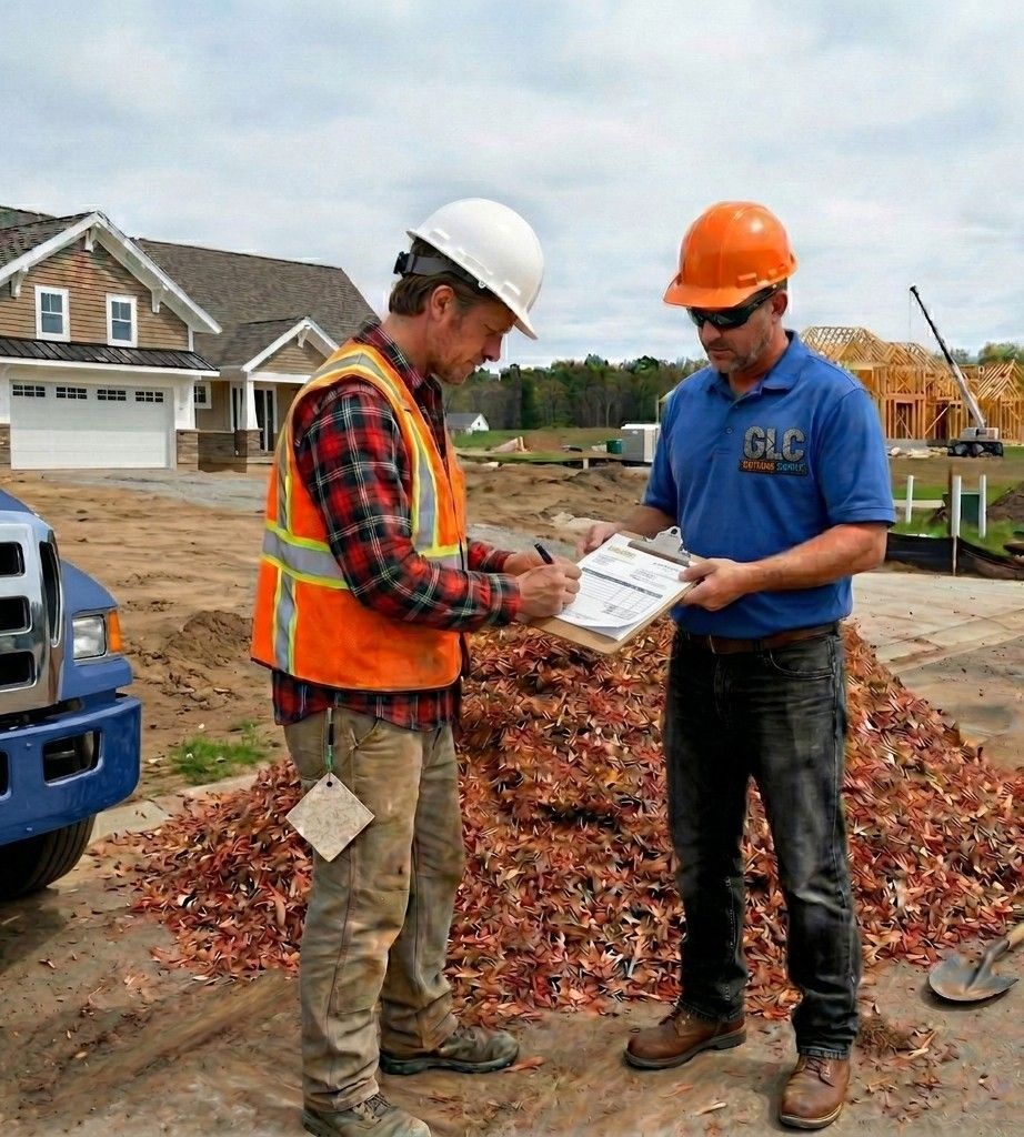 Two construction workers in hard hats review plans at a housing site.