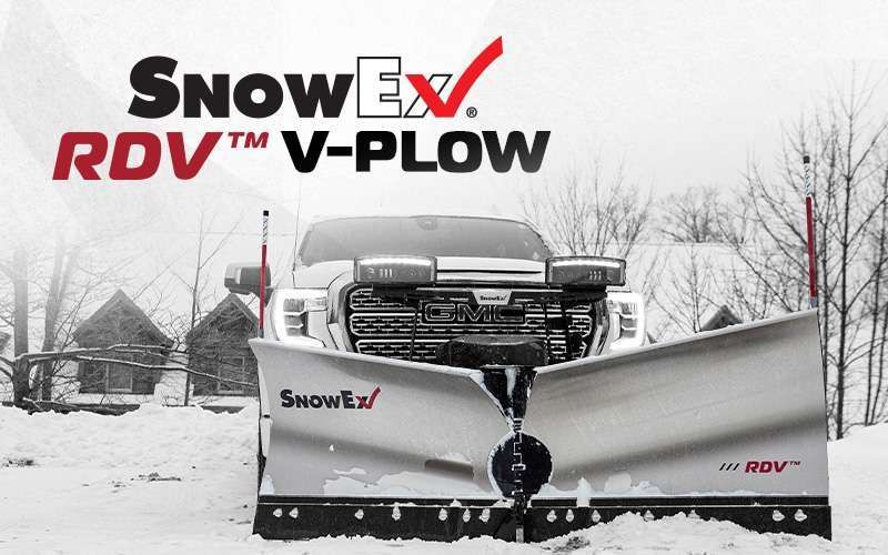 SnowEx RDV V-Plow snowplow on snowy road, front blade raised, with logo text in upper left.