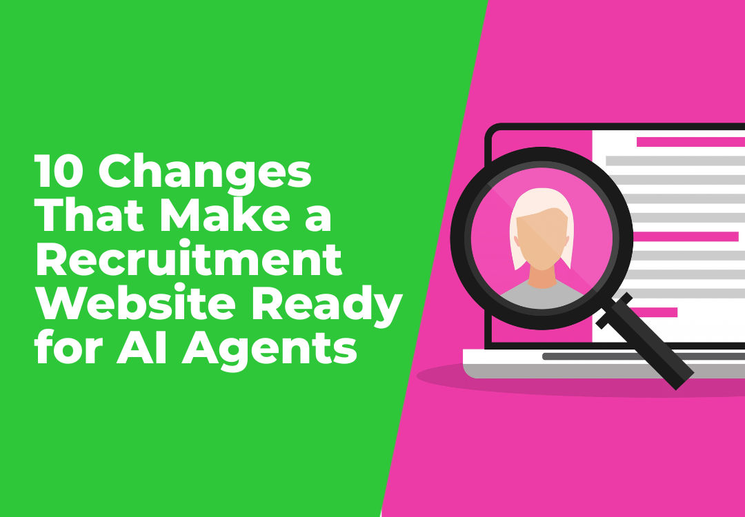 Recruitment website AI readiness graphic with magnifying glass over a candidate profile on a laptop.