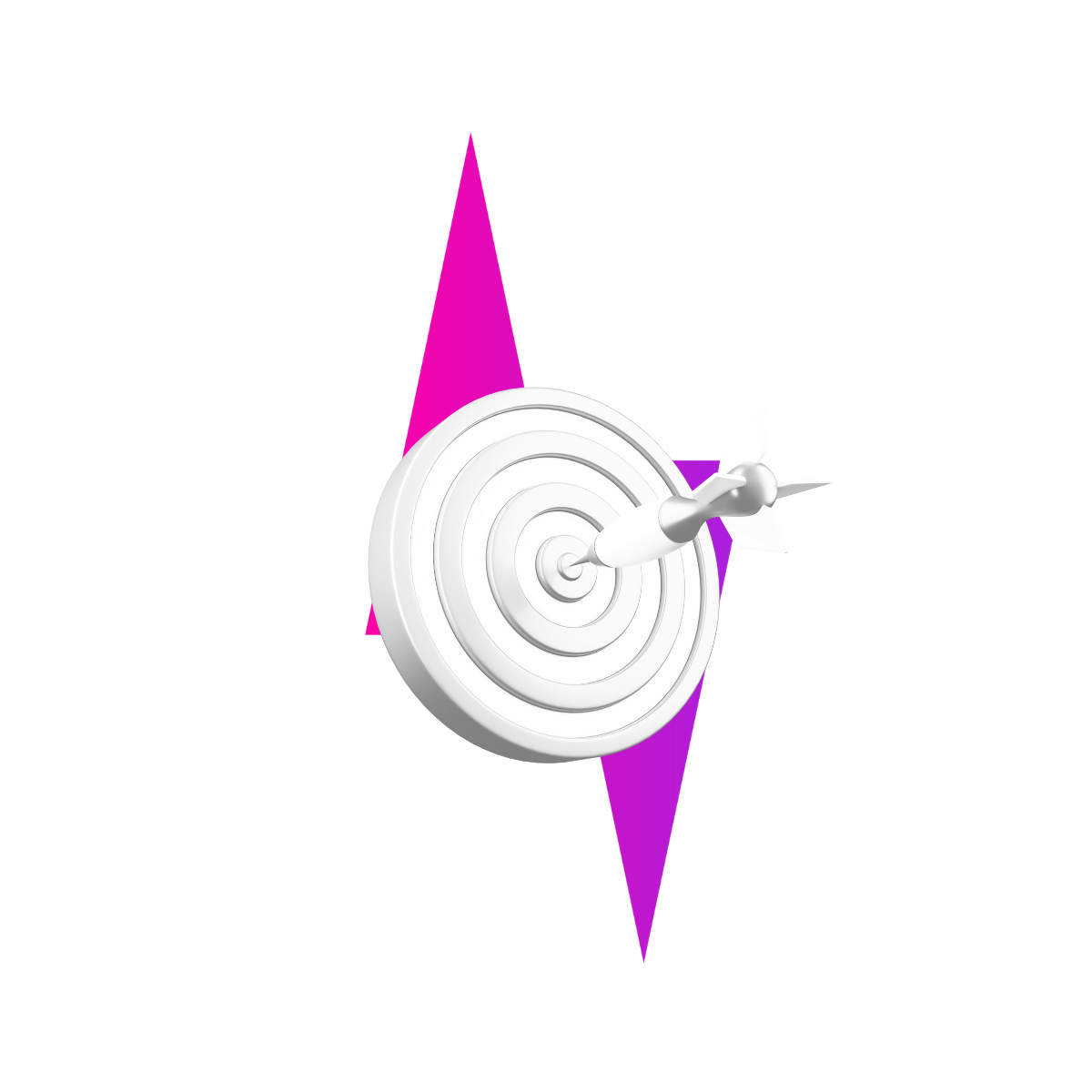 A white dart hitting the bullseye of a target, centered over a bright pink lightning bolt shape on a white background.