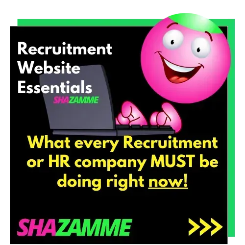 A smiling pink mascot uses a laptop over text about recruitment website essentials by SHAZAMME.