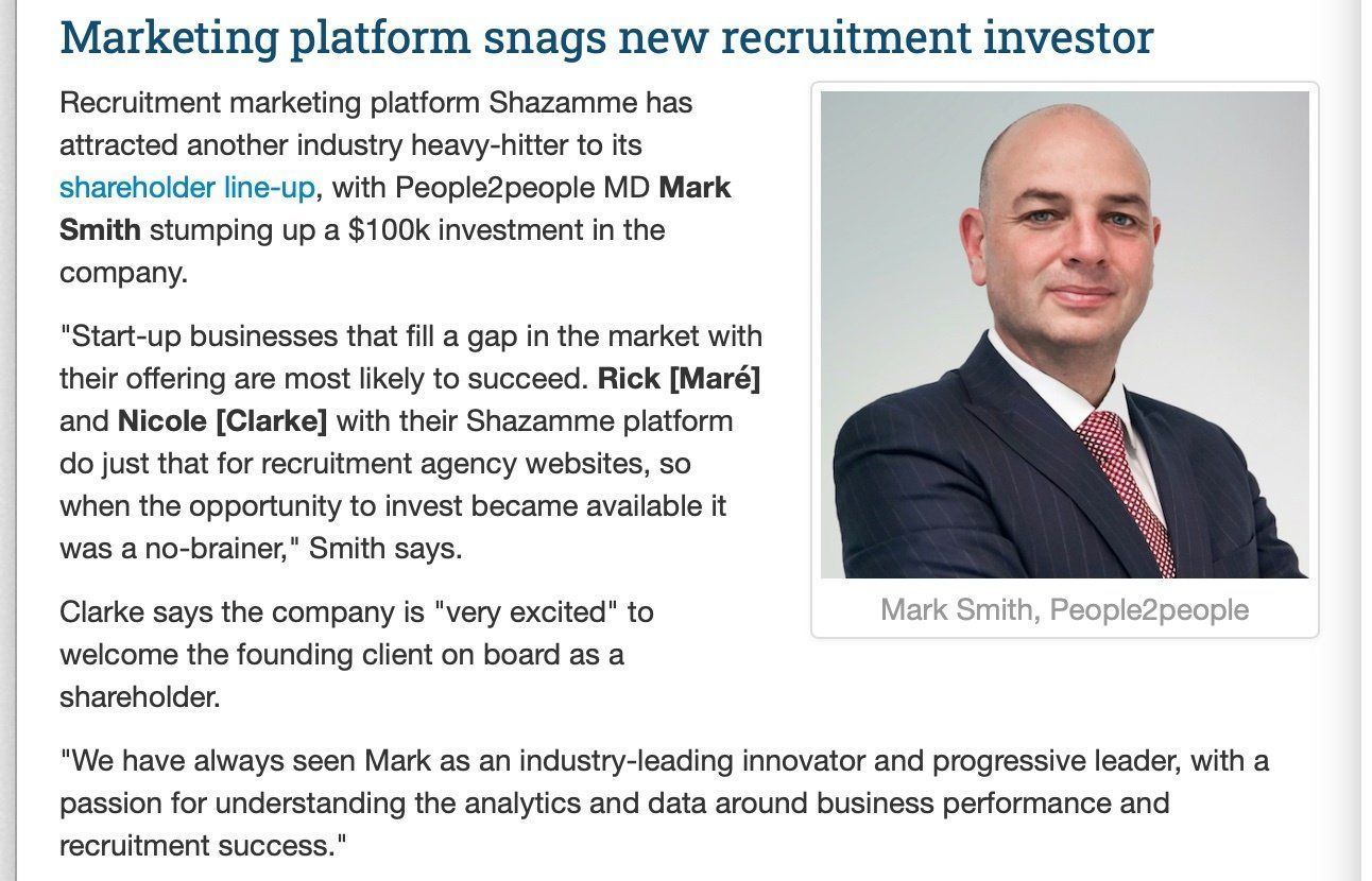 A headshot of Mark Smith, in a suit and tie, next to an article titled 