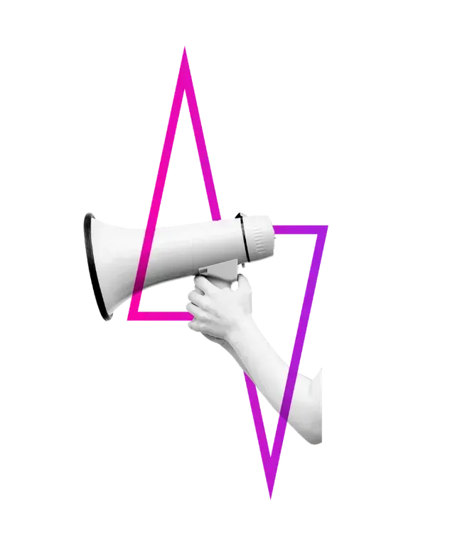 A person’s hand holds a white megaphone positioned between two overlapping, vibrant magenta triangles.