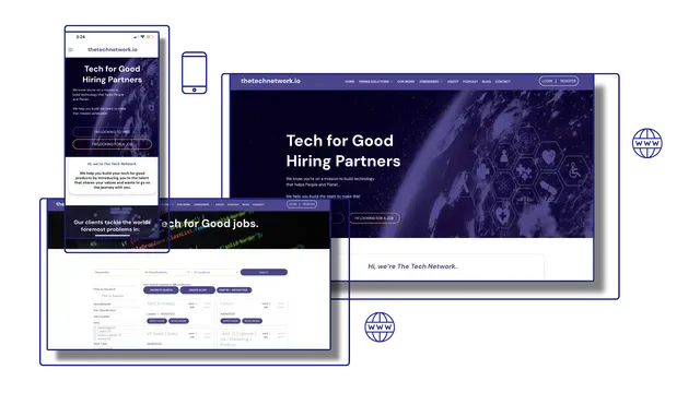 Digital mockups showing a purple-themed website for