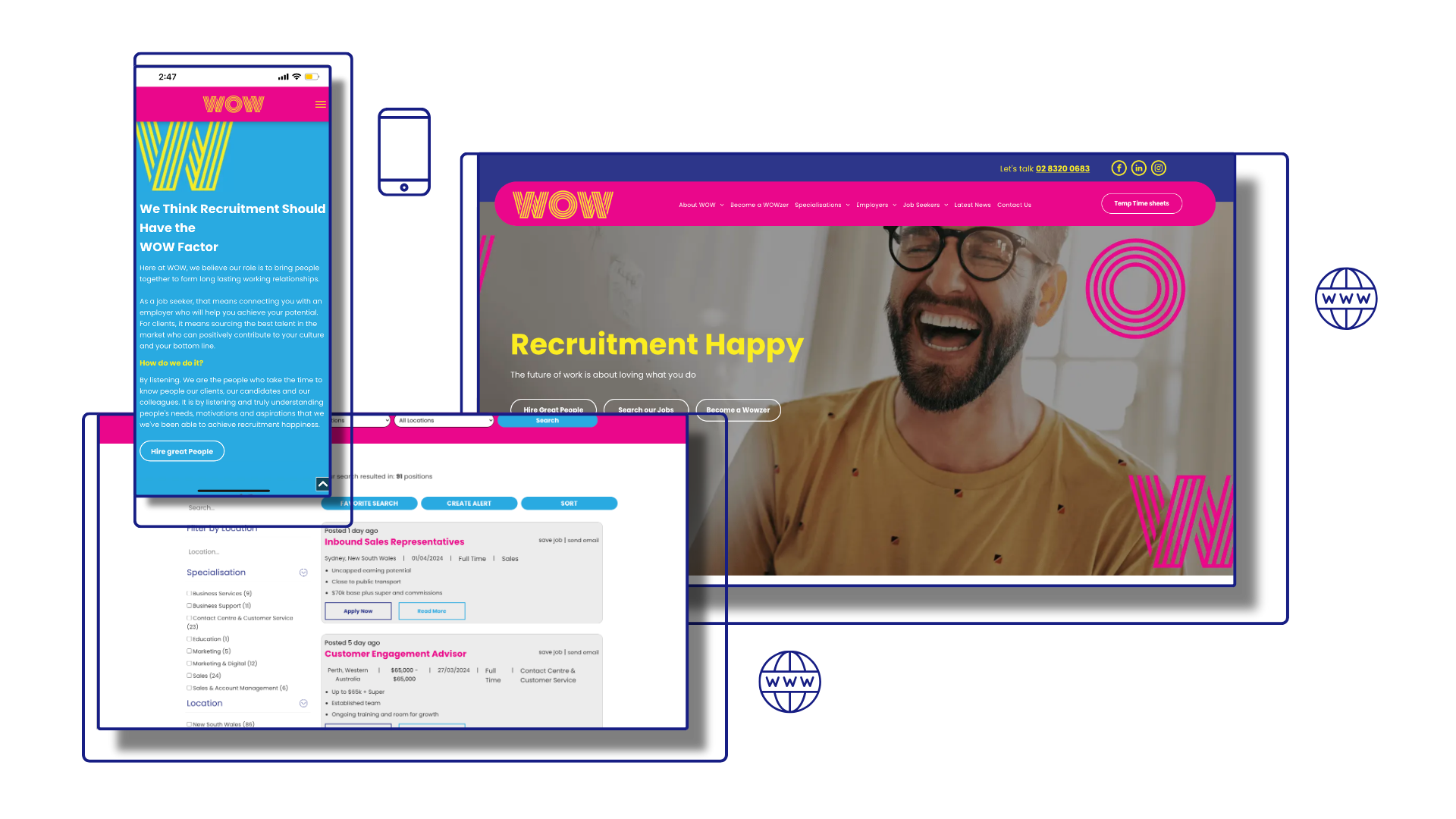 A digital mockup displaying a website interface and mobile app screens with branding in bright pink, teal, and yellow.