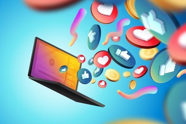 A laptop screen ejecting colorful social media reaction icons, hearts, and thumbs-up symbols against a bright blue background.