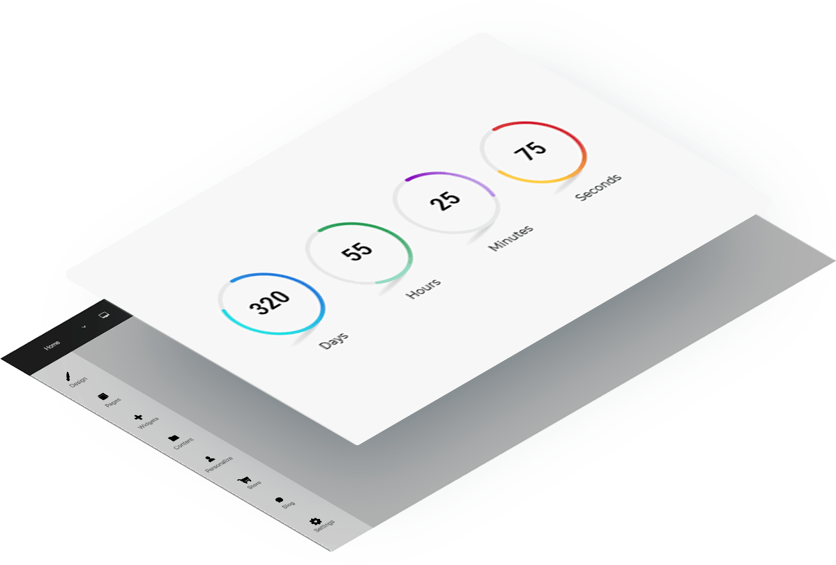 A digital dashboard displays a countdown timer with four circular gauges for days, hours, minutes, and seconds.