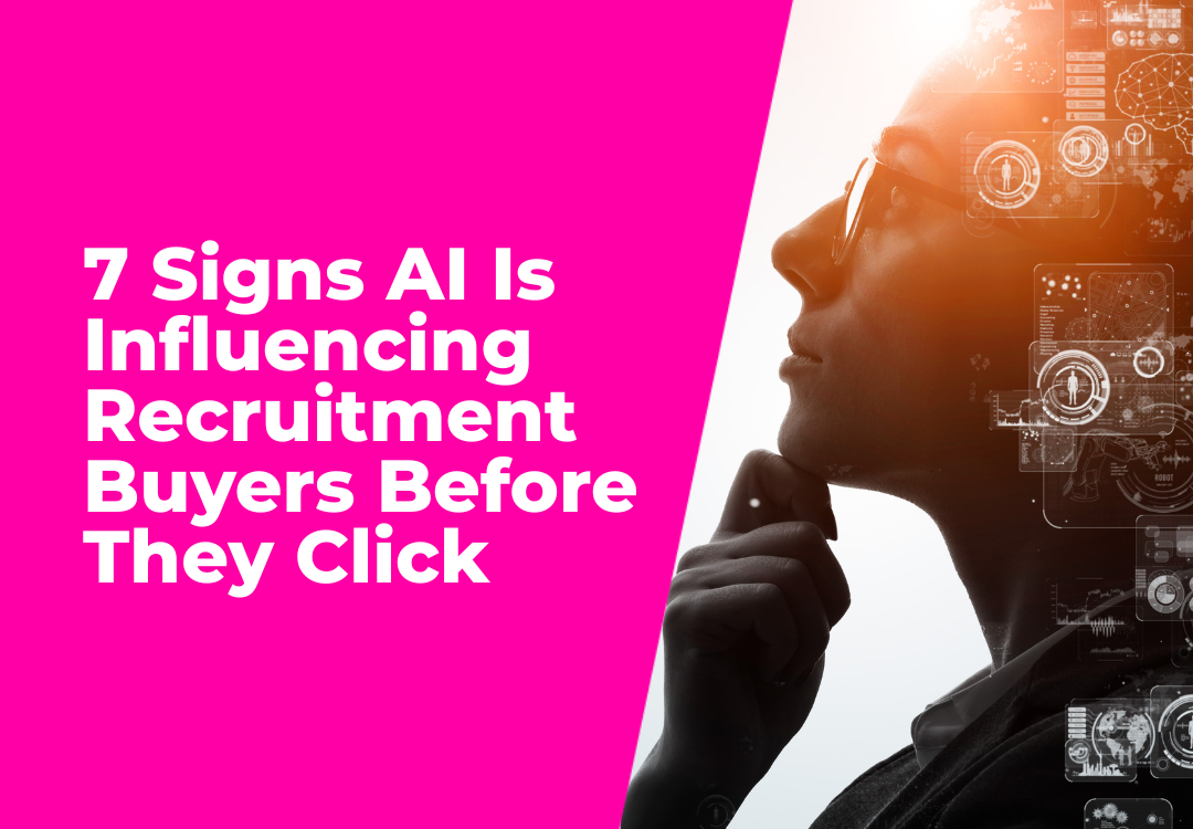 AI recruitment buyer graphic with thinking person and digital data beside seven signs AI influences.