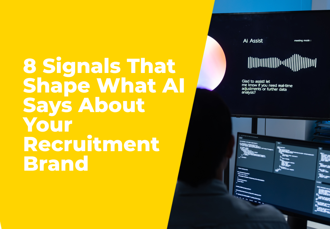 Eight signals shaping what AI says about your recruitment brand beside a developer using AI Assist.