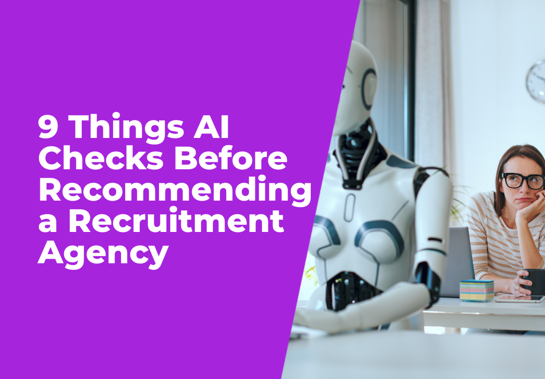 AI recruitment agency graphic with robot beside a woman and text on 9 checks before recommendations.