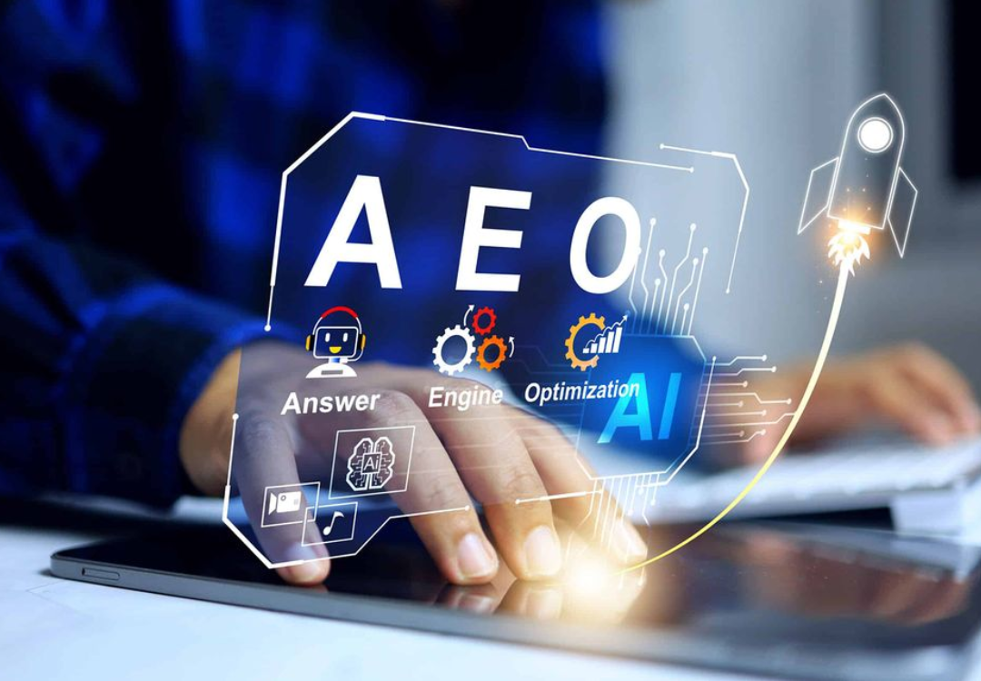 A person types on a tablet, overlayed with a digital graphic featuring