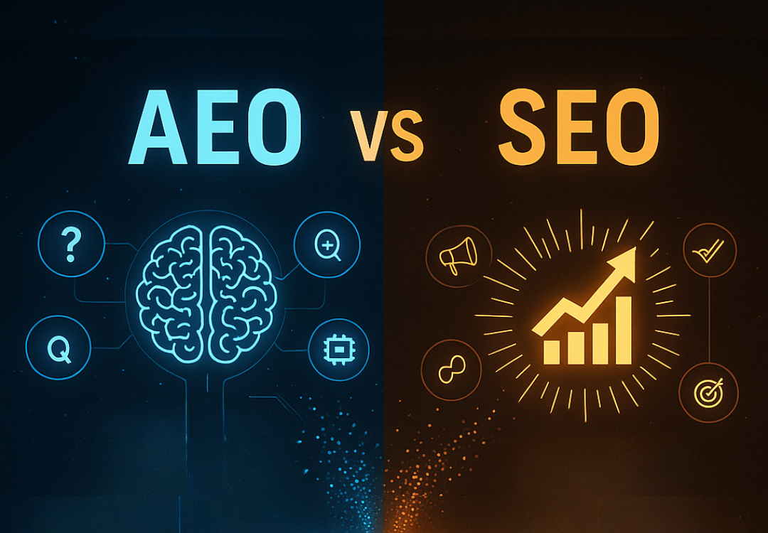 A digital graphic comparing AEO (blue brain icon) and SEO (yellow growth chart icon) on a split dark background.