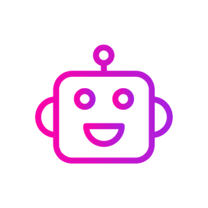 A pink and purple gradient line-art icon of a smiling robot face with an antenna on top.
