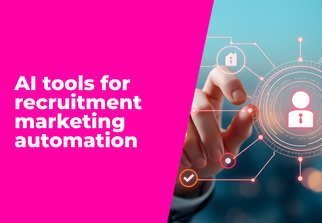 AI tools for recruitment marketing automation with a hand touching digital icons on a pink and blue background