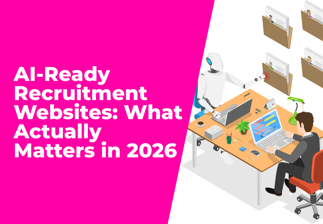 AI-ready recruitment websites graphic with robot and recruiter working together at one office table.