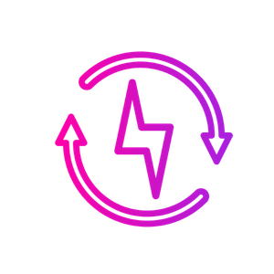 A pink and purple gradient icon featuring a lightning bolt inside a circular arrow symbol, representing renewable energy.