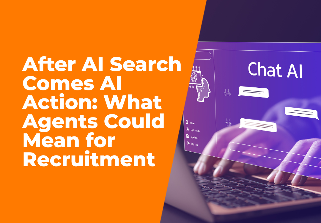 AI action in recruitment graphic with Chat AI screen and hands typing beside orange recruitment text