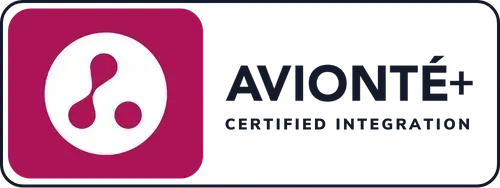 A white rectangular badge with a magenta square icon featuring a three-dot logo, reading 