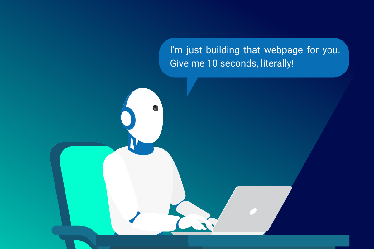 A white robot sitting at a desk and typing on a laptop, with a speech bubble saying, 