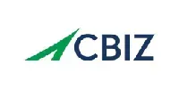 CBIZ corporate logo featuring a green abstract upward-pointing graphic next to the dark blue text 