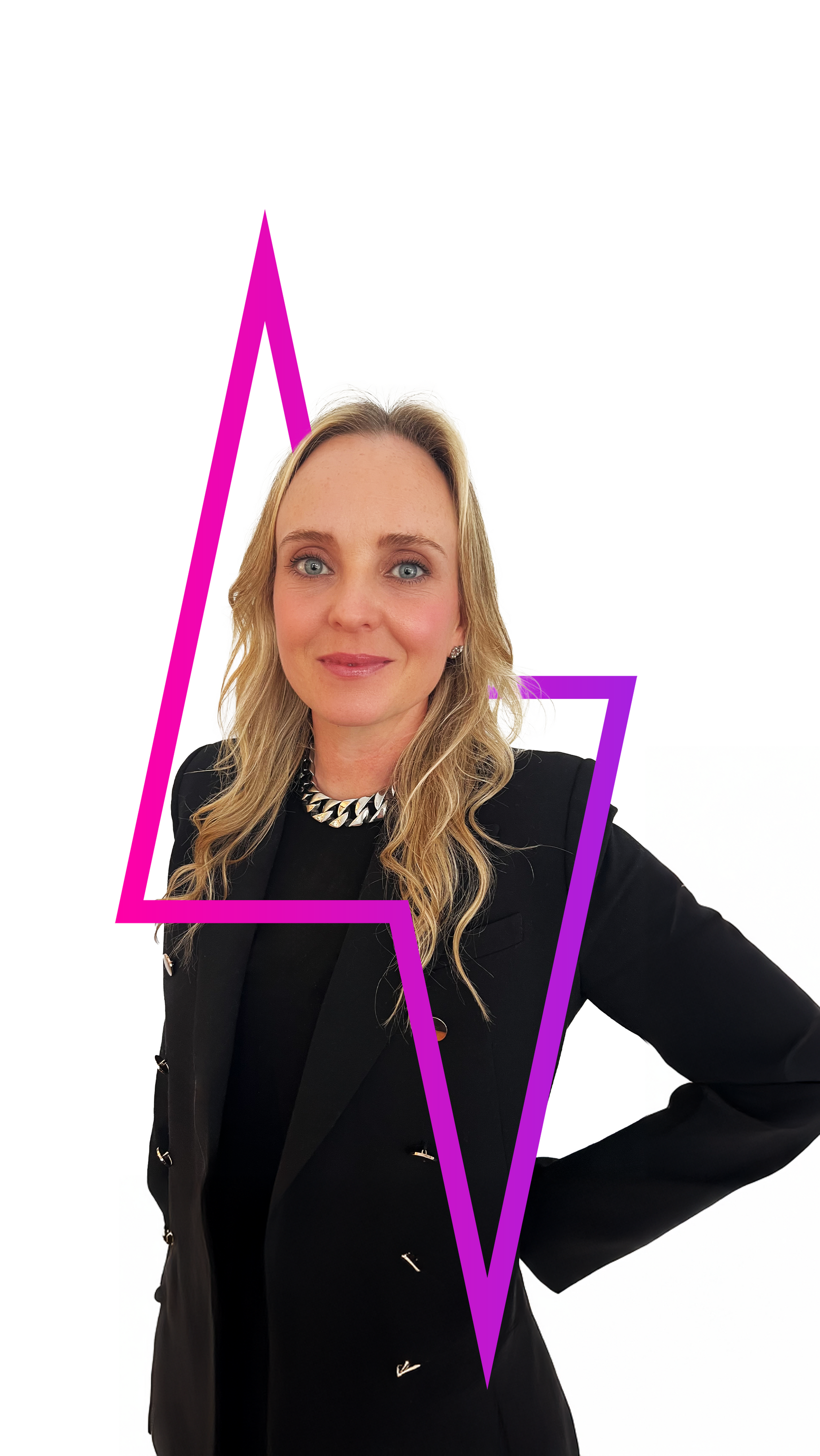 A person with wavy blonde hair wearing a black blazer stands behind a stylized, bright pink lightning bolt graphic.