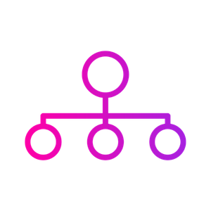 A gradient purple to pink icon of a hierarchy tree with one top circle branching down to three circles.