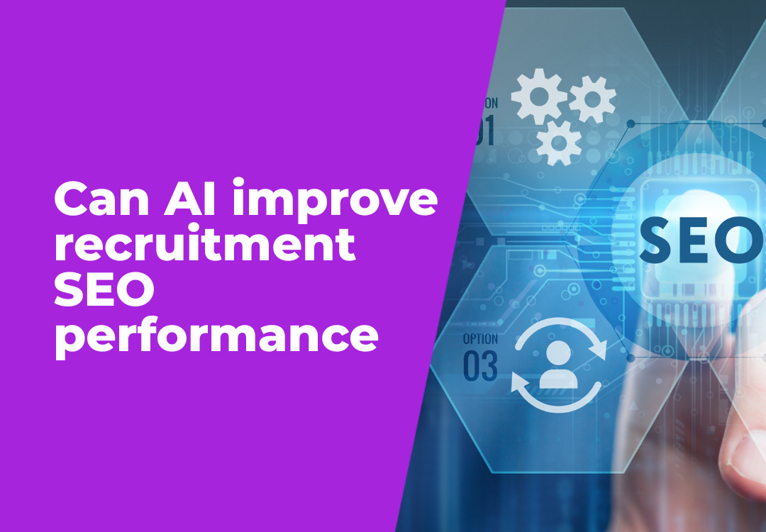 Can AI improve recruitment SEO performance? Purple and blue SEO graphic with gears and search icon