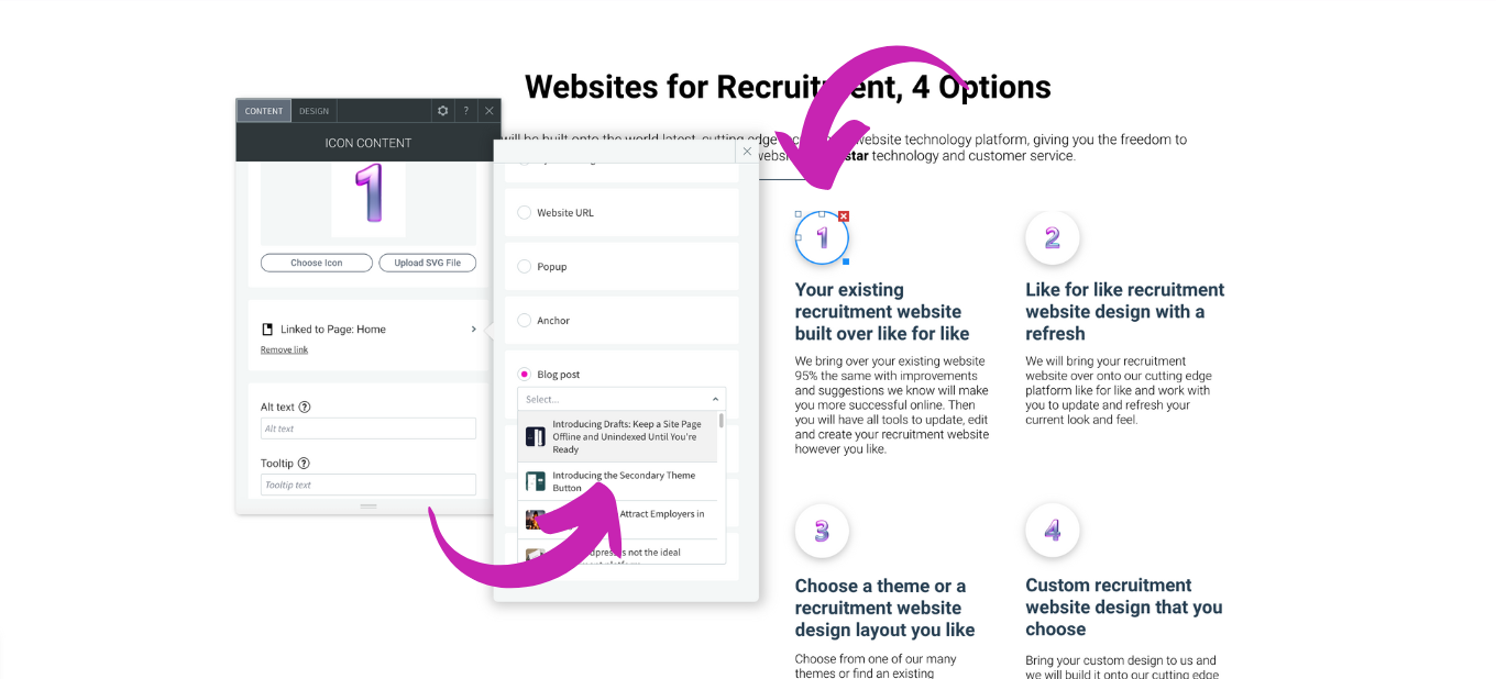 A diagram showing four recruitment website options with arrows pointing to a corresponding mobile dashboard interface.